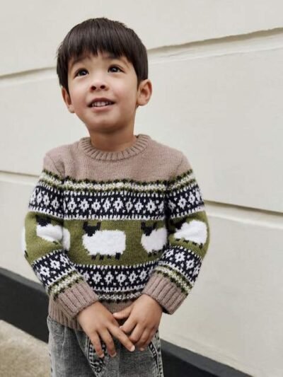 Brown Sheep Fairisle Pattern Knitted Crew Neck Jumper