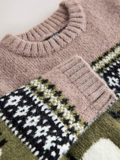 Brown Sheep Fairisle Pattern Knitted Crew Neck Jumper