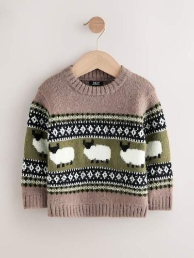 Brown Sheep Fairisle Pattern Knitted Crew Neck Jumper