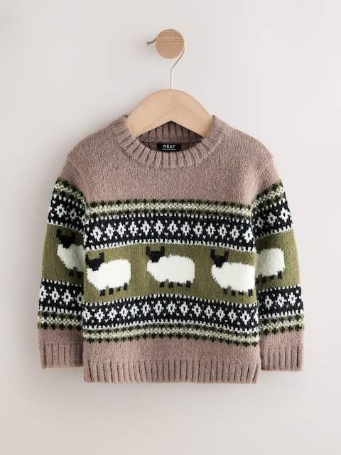 Brown Sheep Fairisle Pattern Knitted Crew Neck Jumper