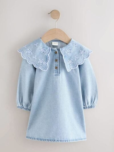 Light Blue Denim Embroidered Collar Dress