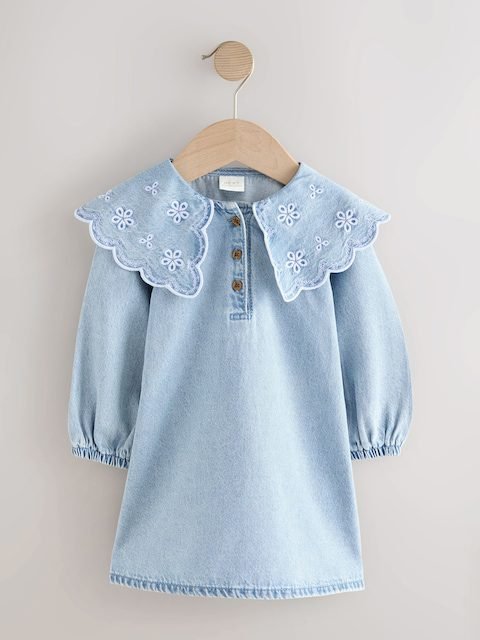 Light Blue Denim Embroidered Collar Dress