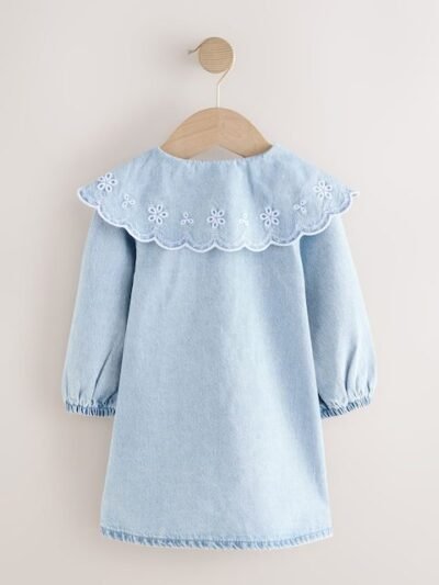 Light Blue Denim Embroidered Collar Dress