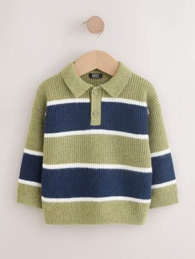 Green/Blue Knitted Stripe Rugby Polo Shirt