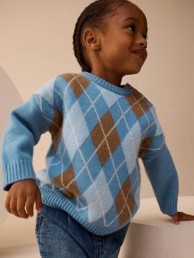 Blue Argyle Knitted Crew Neck Cotton Jumper