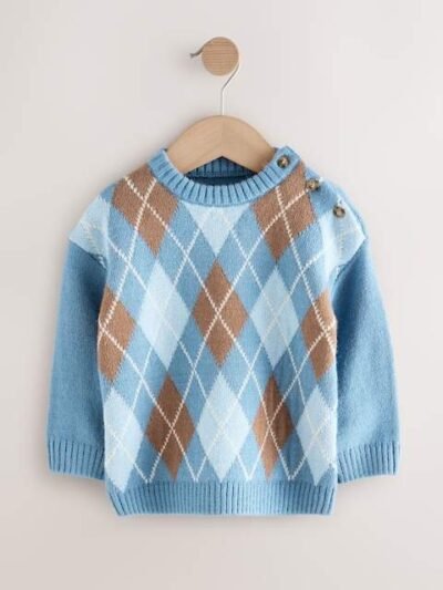Blue Argyle Knitted Crew Neck Cotton Jumper
