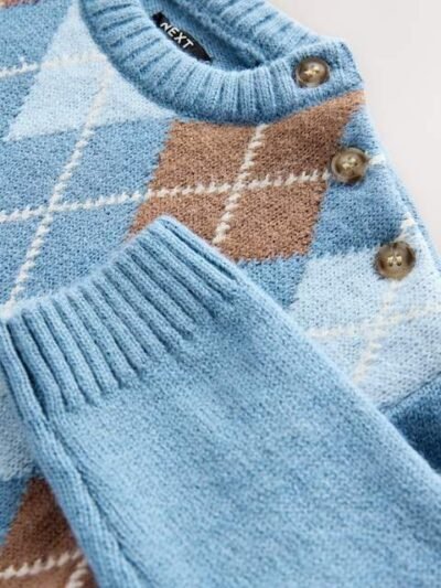 Blue Argyle Knitted Crew Neck Cotton Jumper