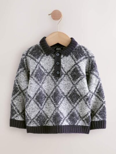 Navy Blue Argyle Knitted Polo Jumper