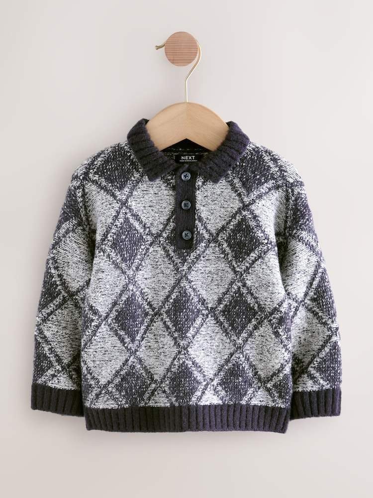 Navy Blue Argyle Knitted Polo Jumper