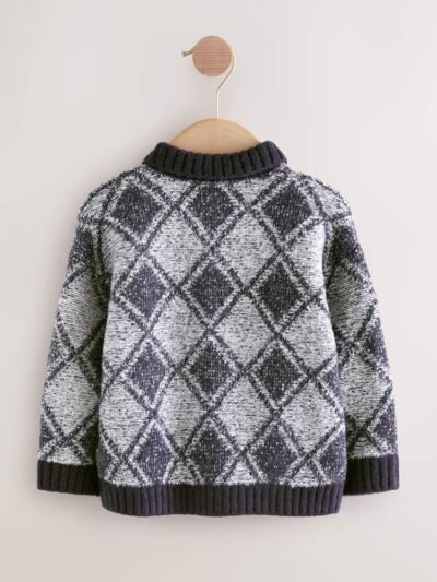 Navy Blue Argyle Knitted Polo Jumper