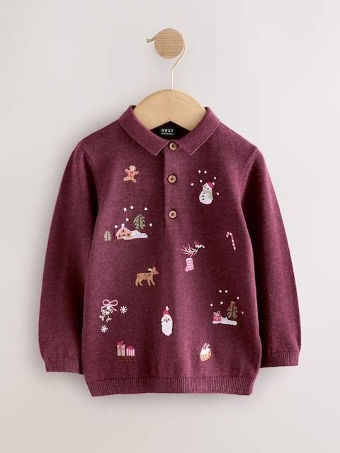 Plum Purple All Over Embroidered Knitted Christmas Polo Shirt