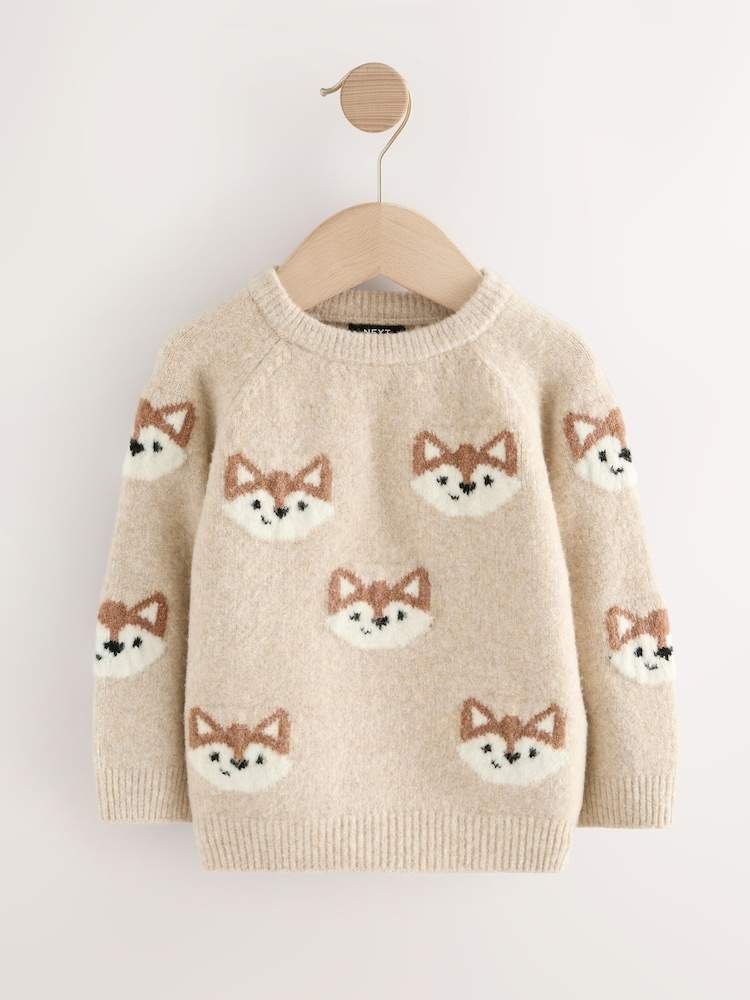 Neutral Fox Print Knitted Crew Neck Jumper