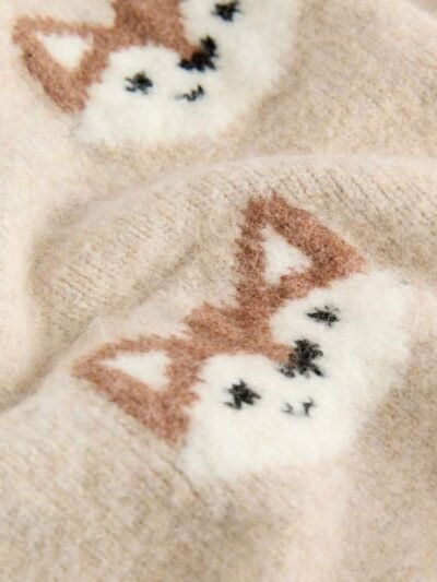 Neutral Fox Print Knitted Crew Neck Jumper