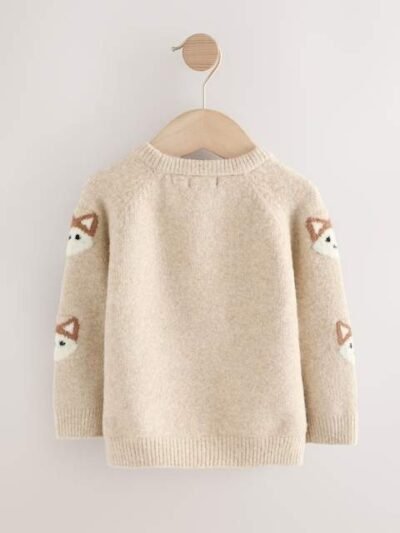 Neutral Fox Print Knitted Crew Neck Jumper