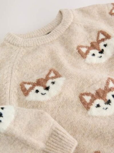 Neutral Fox Print Knitted Crew Neck Jumper
