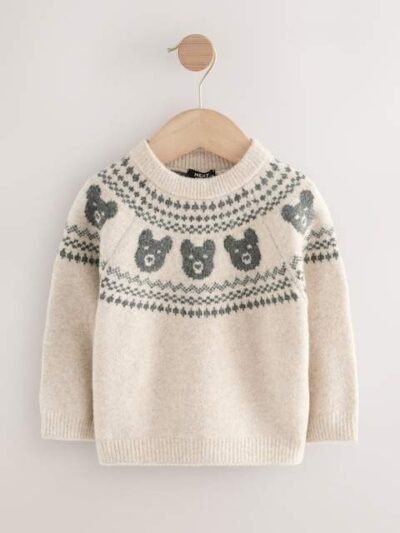 Neutral Bear Fairisle Pattern Knitted Crew Neck Jumper