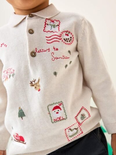 Cream All Over Embroidered Knitted Christmas Polo Shirt