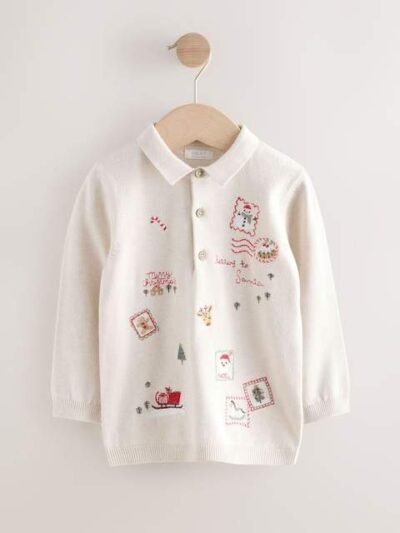 Cream All Over Embroidered Knitted Christmas Polo Shirt