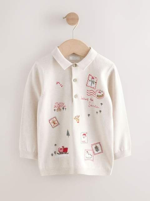 Cream All Over Embroidered Knitted Christmas Polo Shirt
