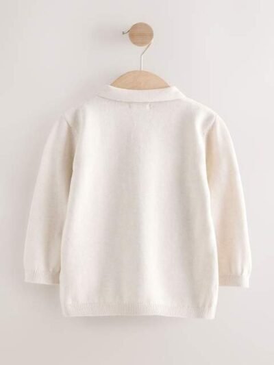 Cream All Over Embroidered Knitted Christmas Polo Shirt