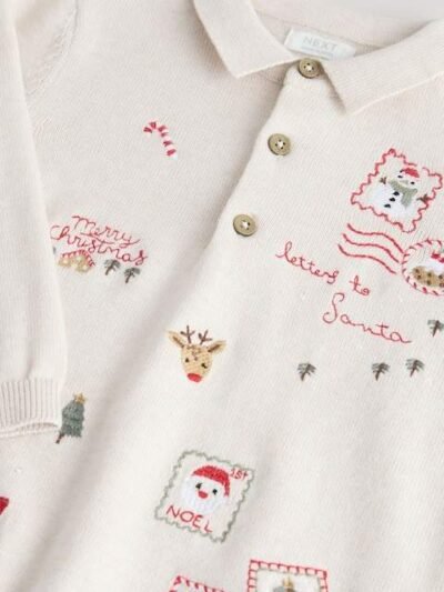 Cream All Over Embroidered Knitted Christmas Polo Shirt