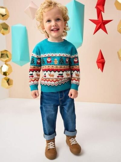 Teal Blue Fairisle Knitted Christmas Jumper
