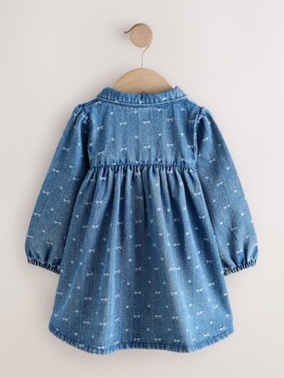 Denim Bow Long Sleeve Collar Dress