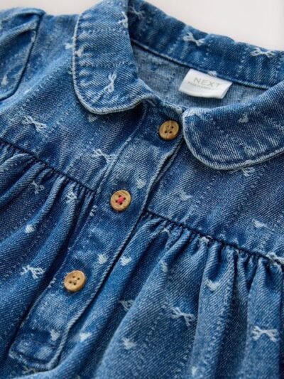 Denim Bow Long Sleeve Collar Dress