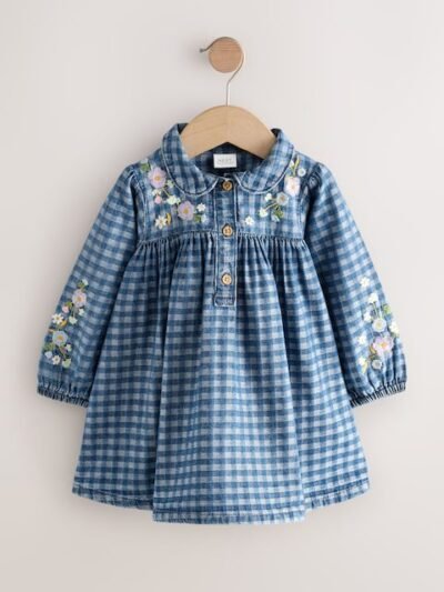 Denim Check Embroidered Long Sleeve Collar Dress