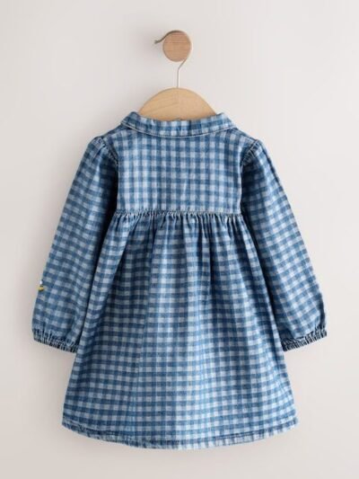 Denim Check Embroidered Long Sleeve Collar Dress