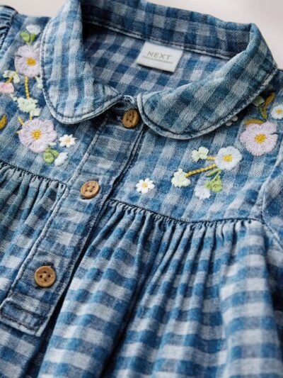 Denim Check Embroidered Long Sleeve Collar Dress