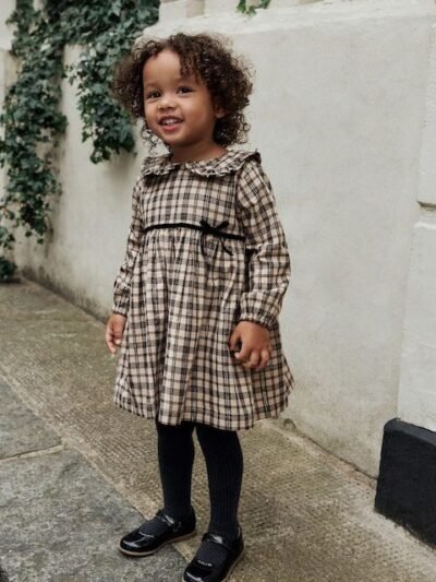 Neutral Check Long Sleeve Collar Dress