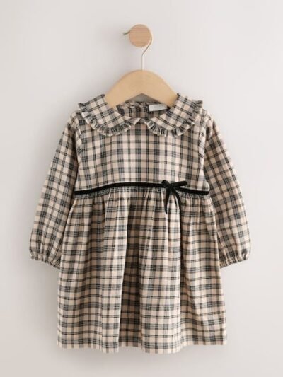 Neutral Check Long Sleeve Collar Dress