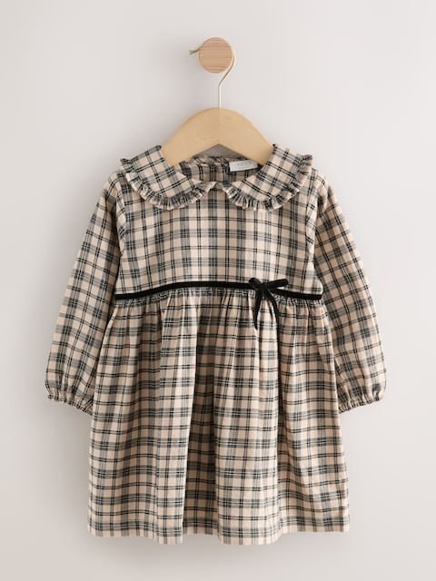 Neutral Check Long Sleeve Collar Dress