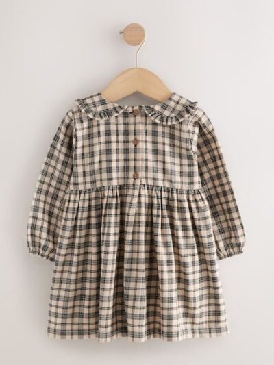 Neutral Check Long Sleeve Collar Dress