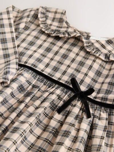 Neutral Check Long Sleeve Collar Dress