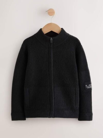 Black Utility Zip Through Knitted Cardigan