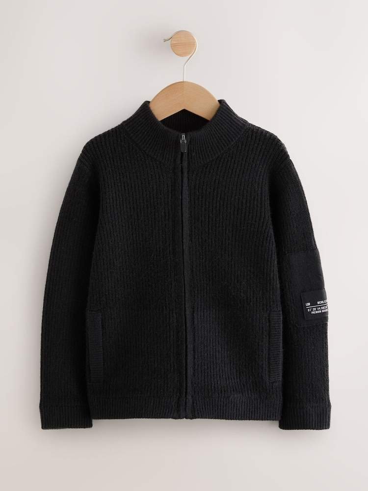 Black Utility Zip Through Knitted Cardigan