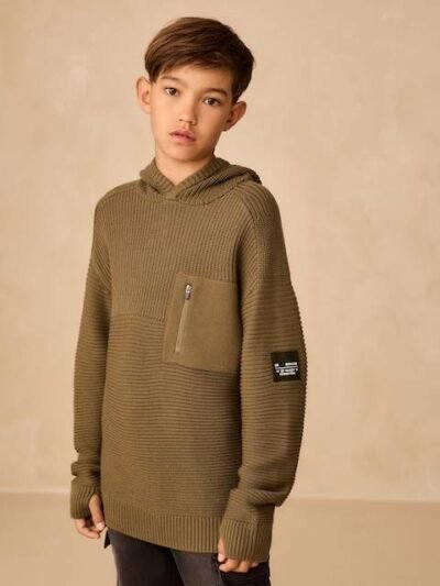 Khaki Green Utility Knitted Hoodie