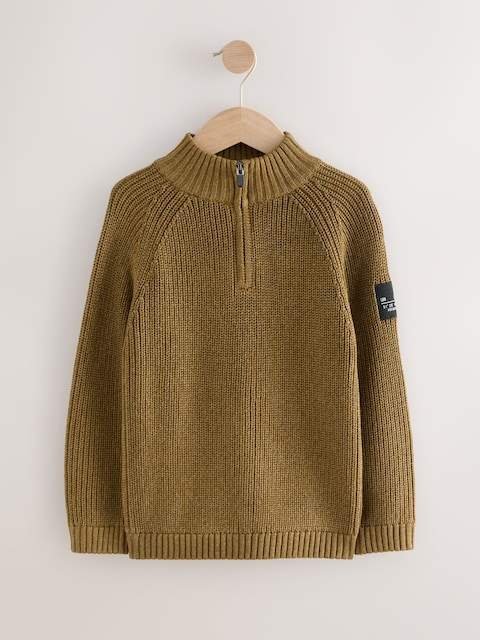 Green Utility Zip Neck Knitted Jumper