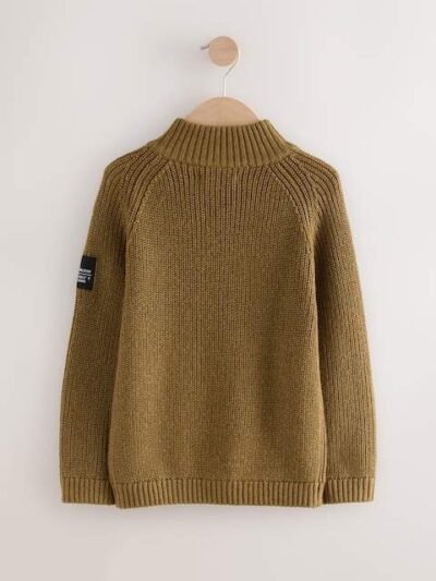 Green Utility Zip Neck Knitted Jumper