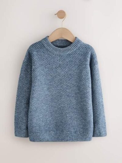 Blue Textured Knitted Crew Neck Jumper
