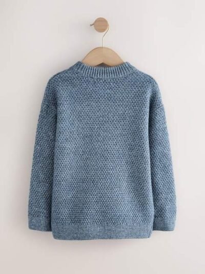 Blue Textured Knitted Crew Neck Jumper