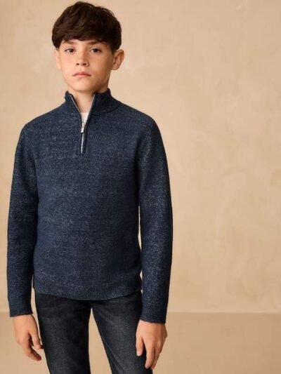 Navy Blue Knitted Zip Neck Jumper