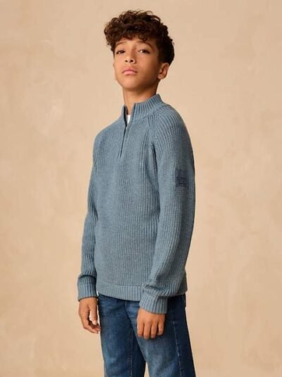 Blue Utility Zip Neck Knitted Jumper