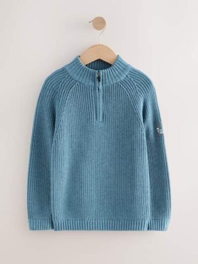 Blue Utility Zip Neck Knitted Jumper