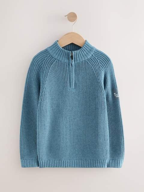 Blue Utility Zip Neck Knitted Jumper