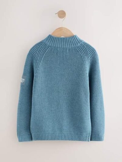 Blue Utility Zip Neck Knitted Jumper