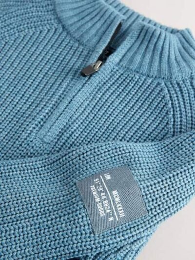 Blue Utility Zip Neck Knitted Jumper