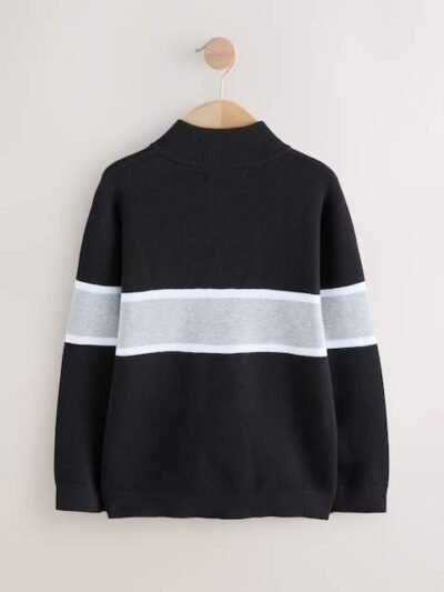 Black Colourblock Zip Neck Knitted Jumper